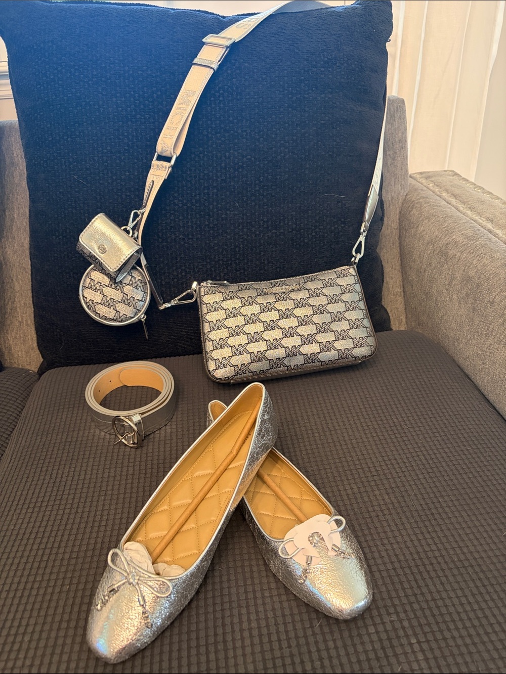 Michael Kors Silver Monogram Crossbody Bag with Coin Pouch